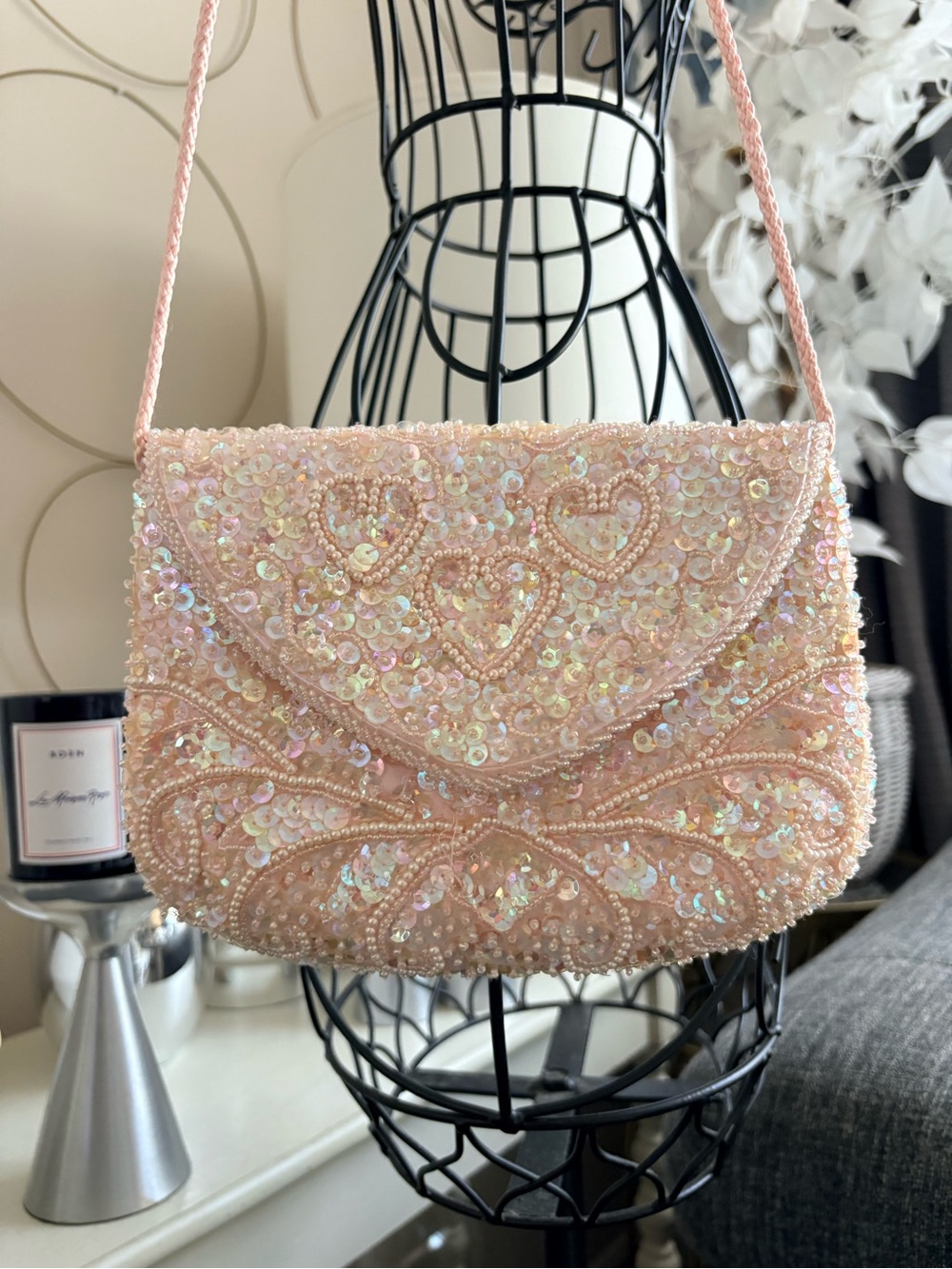 VTG Carla Marchi Pink Beaded Sequin Heart Purse